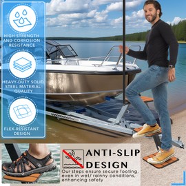 Boat Trailer Steps with Safety Handle - Heavy Duty Aluminum Non-Slip Steps for Bass, Pontoon & Jon Boats - Easy Boarding, Adjustable & Secure Fit (with Safety Handle, Black, 3 Steps)