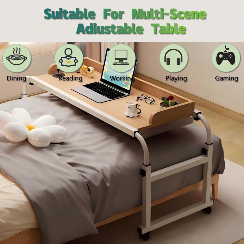 Overbed Table with Wheels and Desktop Enclosure, Height and Length
