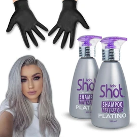 Kit Shampoo Matizador Morado Platino Kolor Shot Matizador de Canas y Cabello Rubio Platina el Cabello, Mechas Y Rayos, Cuidado del Cabello Teñido Cano y Rubio + Par de Guantes de Látex