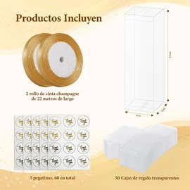 50 Caja de Regalo, 5x5x15cm Caja de Regalo Transparente, Cajas de Plástico Caramelos con Cintas y Pegatina, Caja Rectangular para Bodas, Despedidas de Soltera, Baby Shower, Navidad, Fiestas