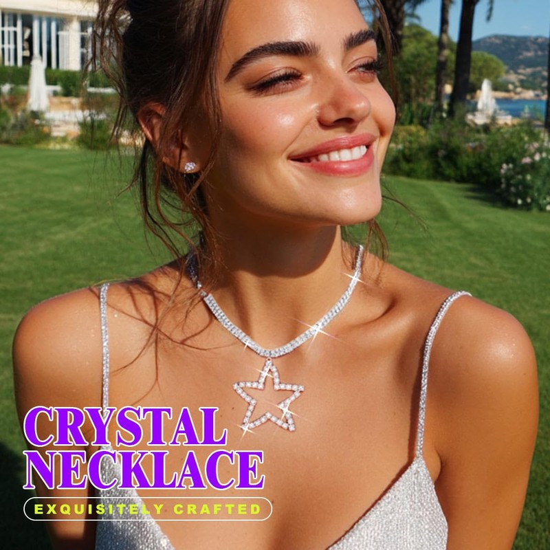JEAIRTS Rhinestone Star Pendant Choker Necklace Sparkly Collar for Women