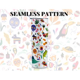 Onebttl Mexican Gifts for Women, Mexico Souvenirs Gifts for Hispanic, Seamless Mexican Icons Pattern, 20oz Skinny Tumbler with Straw, White