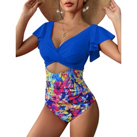 AI'MAGE Women's Ruffle One Piece Swimsuit V Neck Tummy Control Bathing Suits Cutout Backless Swimwear Royal Blue Flowers,L