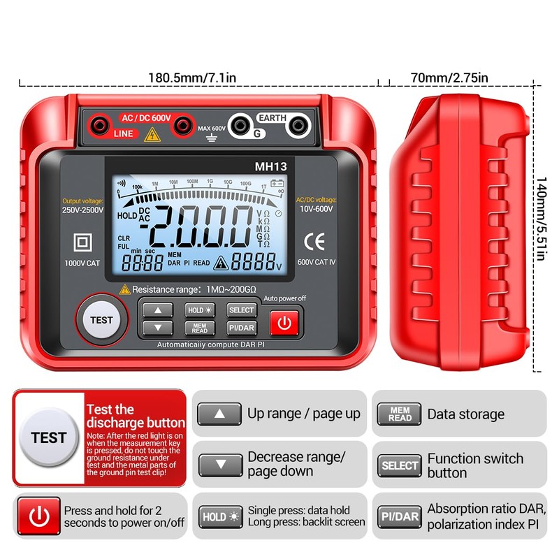 MH13 250V-2500V Digital Insulation Resistance Tester 1MΩ-200GΩ Megger Megohm Testing