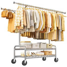 Raybee Heavy Duty Clothes Rack Load 500 LBS, Rolling Clothing Rack with Wheels, Double Rods Clothing Racks for Hanging Clothes, Portable and Adjustable Commercial Clothes Rack, Garment Rack