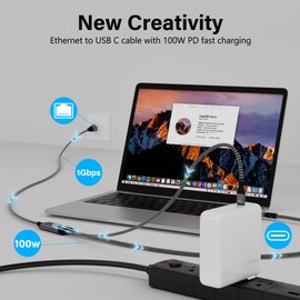 Ethernet to USB C Cable 6 FT, Type C to RJ45 Cord with USB-C Male 100W PD Fast Charging (PD Next to USB-C Port), Ethernet and Charging Two in One, Gigabit, for MacBook Surfing Internet and Charging
