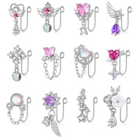 PLOMFOV 12Pcs African Fake Nose Ring for Women Dangling Nose Cuffs Faux Clip on Nose Ring for Non Pierced Nose Hook Back Silver Tone