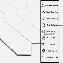 INNO STICKERS 10-Sheet Peel and Stick Backsplash for Kitchen Bathroom Shower, Stone Composite Self Adhesive Tiles Long Hexagon Mosaic Wall Tile, 12 Inch x 11.22 Inch White
