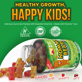 NOMMY BEARS MULTIVITAMIN Gelatin-Free Gummies: for Kids, Children, Teens, Nom Nom Yummy, 3 Delicious Flavors, 11 Essentials, Gluten-Free, Halal Certified, Mommy Approved, Bear Shapes, Vegetarian