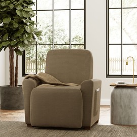 Zenna Home Chenille Stretch Slipcover, 4-Piece Recliner, Mushroom/Brown