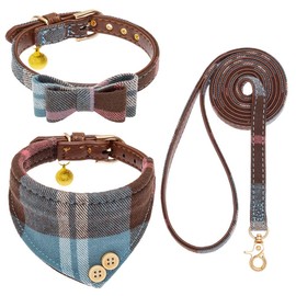 EXPAWLORER Dog Collar and Leash Set - Classic Plaid Dog Bow Tie and Dog Bandana Collar with Bell, Tangle Free Dog Leash, Adjustable Collars for Small Medium Large Dogs Cats, Holiday Ideal Gift