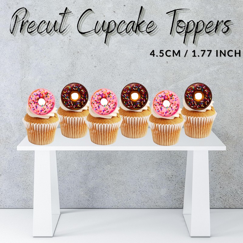 24 Doughnuts Edible Cupcake Toppers, (PRECUT Optional) Donuts Premium Thickness