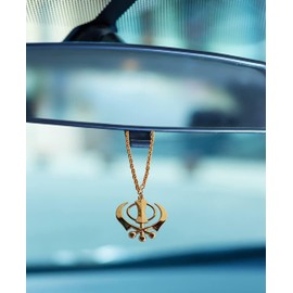 Sikh Khanda Angoori Pearls Metal Car Hanging Show Peice - 20cm.(Metal). (Golden)