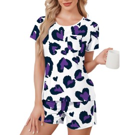 MAKABO Women's Purple Heart Print Pajama Sets Cozy Summer Sleep Tee Shorts Set S