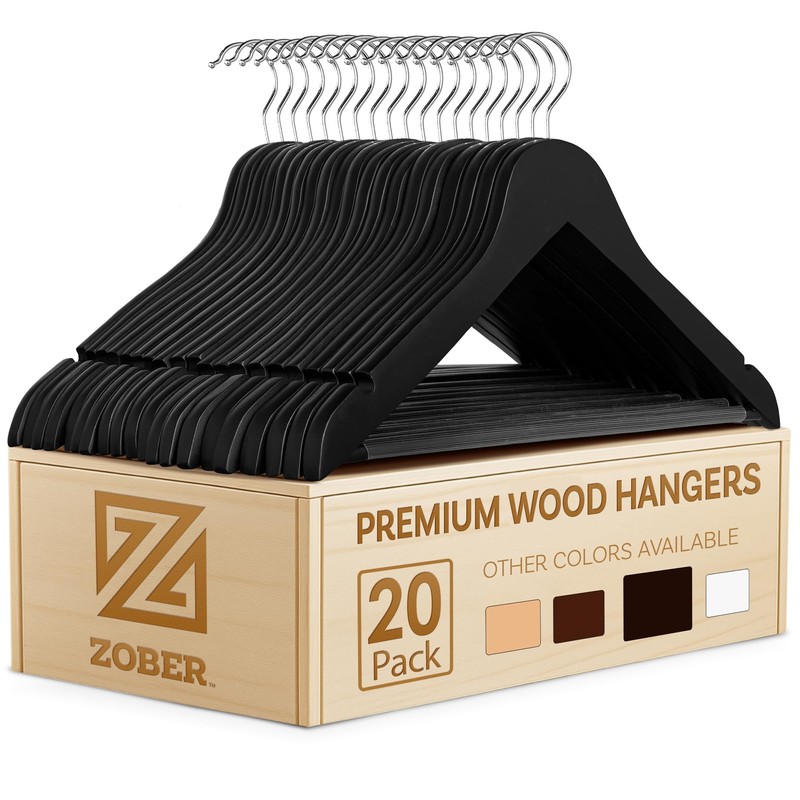 Zober Black Wooden Hangers - 20 Pack, Heavy Duty, Non