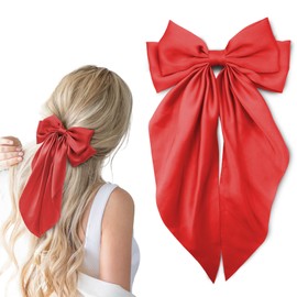 Large Hair Bows Silky Satin Hair Bow with Long Tail Hair Ribbons Bows Hair Clips Vintage Hair Accessories for Women (Red,1Pcs)