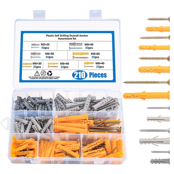 Aoyfuwell210 Pcs Wall Plugs and Screws Set, 7 Sizes Hollow Wall Anchor with Screws Assortment Kit, Masonry Brick Concrete Wall Fixings Self Drilling Screws and Wall Plugs Anchor Bolts - M5/M6/M8