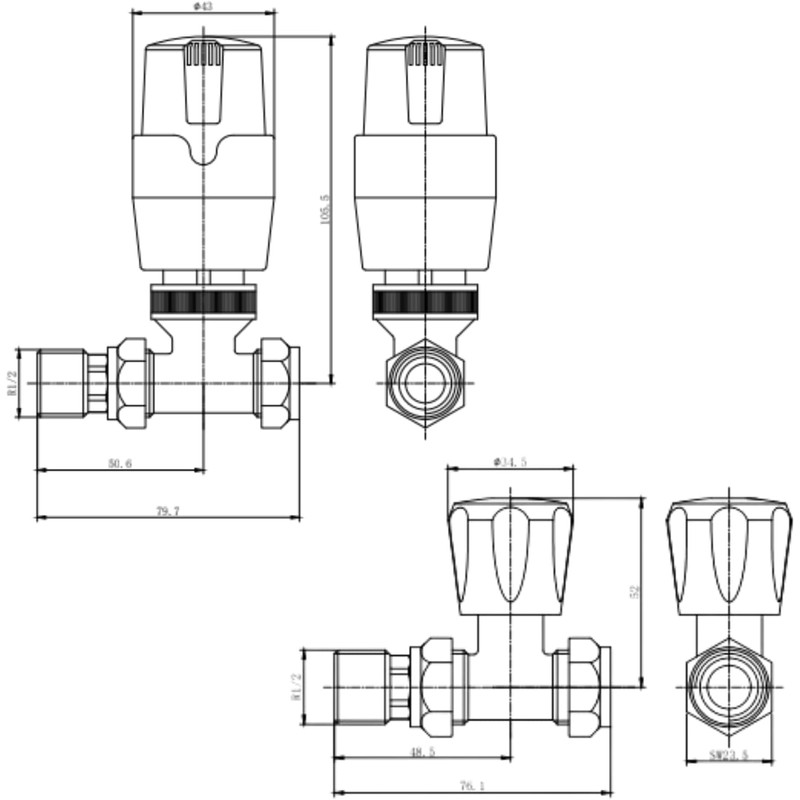 Black Straight Thermostatic Radiator Valves TRV Modern Radiator Valves 15mm