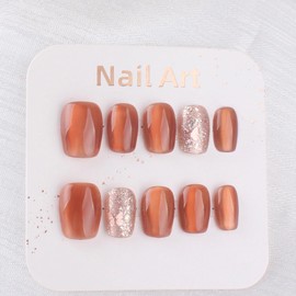 Handmade Nail Tips, Short Amber Color, Glitter 10 Pieces, Handmade, Luxurious, Cute, Simple, Fashionable, Easy to Apply Gel Nail Tips (Amber, M)