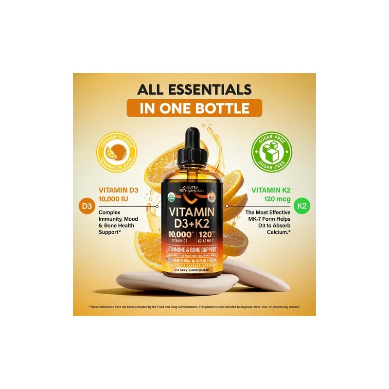 NutraHarmony Suplemento Líquido Vitamina D3 K2 Orgánico 120ml Sabor Naranja