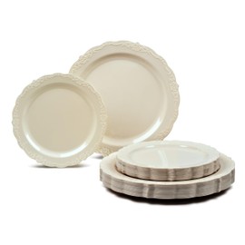 " OCCASIONS " 240 Plates Pack,(120 Guests) Vintage Wedding Party Disposable Plastic Plates Set -120 x 10'' Dinner + 120 x 7.5'' Salad/Dessert (Verona Plain Ivory)