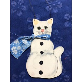CAT CHRISTMAS ORNAMENT - SNOWCAT WITH FABRIC SCARF  Handmade in MD