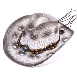 Straw Cowboy Cowgirl Hat for Men Women Wide Brim Hollow Breathable Sun Hat with Beaded Trim Band Western Style for Outdoor Beach Travel
