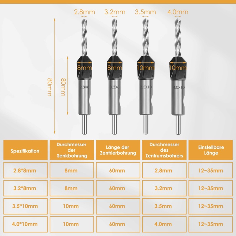 UNOSEKS Countersink with Depth Stop, 6-Piece Countersink Drill Bit Set,