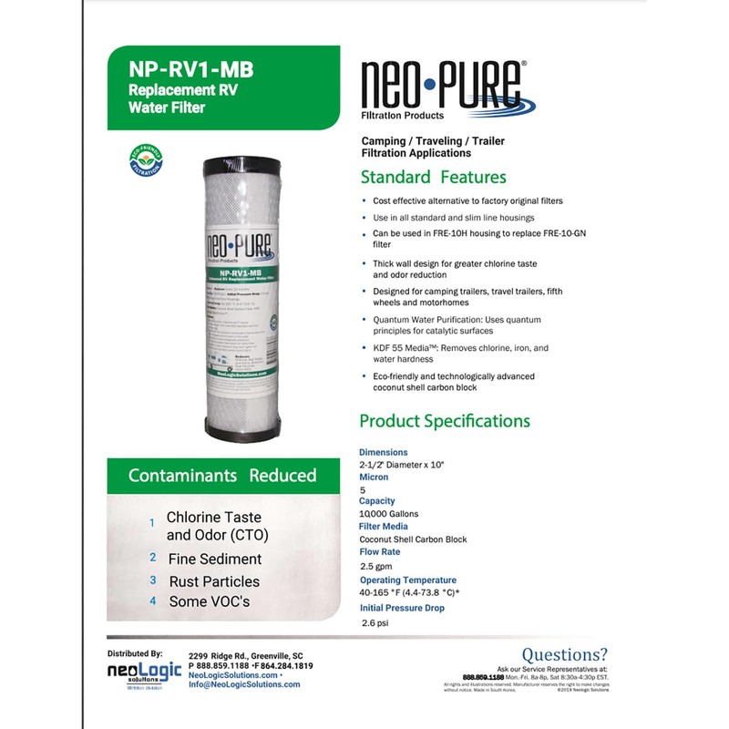Neo-Pure NP-RV1 Replacement RV Water Filter | Compatible with Slimline