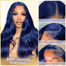 Syrenlore Dark Blue Colored 13x6 Lace Front Wigs Human Hair Body Wave 200 Density 24 Inch Long 13x6 Ear to Ear Pre Plucked Bleached Knots Lace Frontal Wig 12A Brazilian 100% Human Hair Wigs for Women