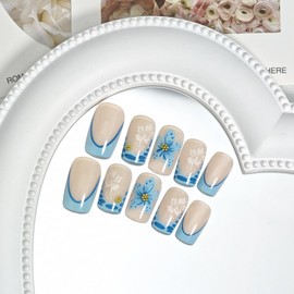 24Pcs Blue Flower Press on Nails Short Square Fake Nails Hibiscus Flowers with Rhinestones Designs Full Cover French Tip Stick on Nails Summer False Nails for Women Girls Acrylic Nail Decorations