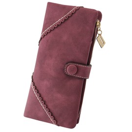 Women Vegan Leather Wallet Bifold Clutch Large Capacity Card Organizer Buckle Long Purse for Girls Candy Color, purplish-red, Bifold Women Wallet
