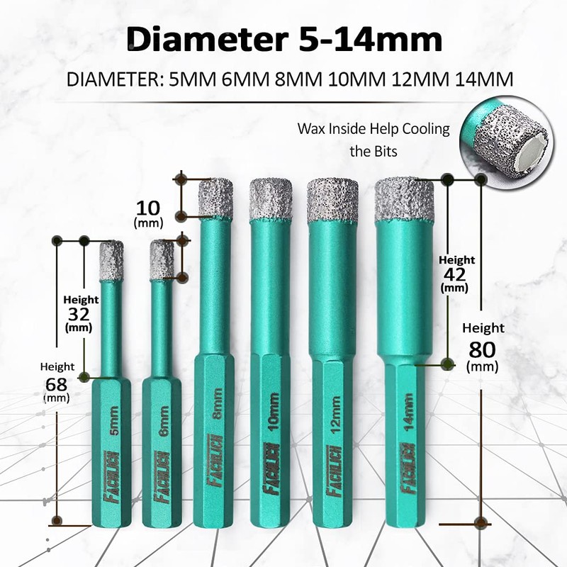 FACHLICH Dry Diamond Drill Bits,2pcs 5/16"(8mm) with Hex Shank for
