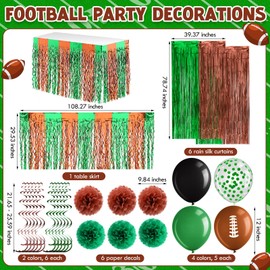 Tiamon 47 Pcs Football Party Decorations Green and Brown Banner Photo Props Paper Pom Poms Table Skirts Tassel Streamers Hanging Swirl Balloons for Football Themed Birthday Party Favor Supplies