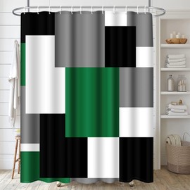 ArtSocket Geometric Green Bathroom Set with Shower Curtain and Rugs Accessories, Black and Gray Modern Military Shower Curtain, Green Bathroom Decor 4 Pcs