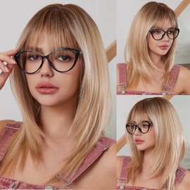 Getshow Light Blonde Wigs for Women layered Straight Wig with Bangs Natural Synthetic Hair with Dark Roots