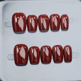 Cherry Red Handmade Press on Nails Short Square Shaped Fake Nails Designs Thickened Acrylic Nails Full Cover Solid Color Muti-Layer Gel Stick on Nail Glossy Artificial False Nails for Women (M)