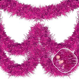 25 Feet Fuchsia Christmas Tinsel Garland, Metallic Foil Twist Garland Wall Hanging Tinsel Banner Backdrop for Parade Floats, Christmas, New Year, Valentine's Day Party Decorations (4in x 25ft)