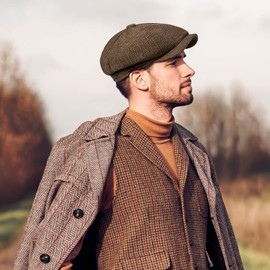 Newsboy Hats for Men Classic 8 Panel Wool Blend Newsboy Flat Cap Herringbone Tweed Hat Dark Khaki