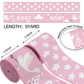 YKW 2 Rolls Baby Girl Ribbon Set, 2.5" Wide Satin Wired Edge Ribbons, Pink Stork Star Pattern, 2 Rolls x 5 Yards Each for Newborn Decorations, Baby Shower, Nursery Decor (10 Yards Total)