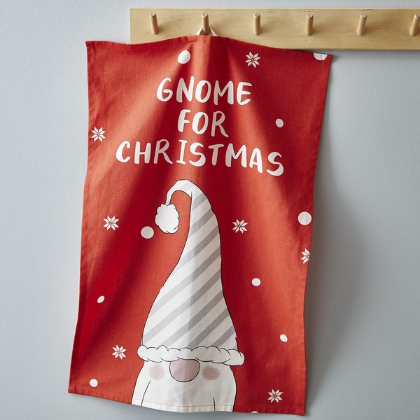 Catherine Lansfield Dining Christmas Gnomes Cotton 50x70 cm Tea Towels Pair Grey/ Red