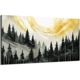 ARTZON Pine Tree Wall Art – Tree of Life Black Nature Mountain Autumn Sunset Landscape Pictures Foggy Woodland Retro Prints Artwork for Living Room, Bedroom, Office, 58x29 Inch