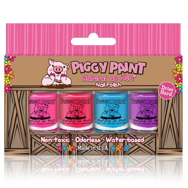 Piggy Paint 100% Non-Toxic Girls Nail Polish, Safe, Chemical Free, Low Odor for Kids - 4 Bottle Gift Box