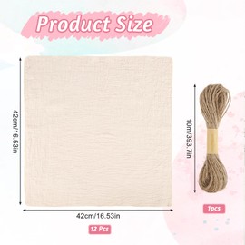 Pack of 12 Beige Fabric Napkins with Closure Edge, 42 x 42 cm Linen Napkins, Cotton Napkins, Fabric Table Napkins Fabric with 10 m Cord for Family Parties, Weddings, Birthdays