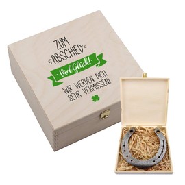 4you Design Real Horseshoe in Wooden Gift Box Farewell with Engraving - 2 Horseshoe Nails for Attaching - Gift Colleagues, Farewell, New Beginning - Lucky Charm - 17 x 17 x 3.5 cm