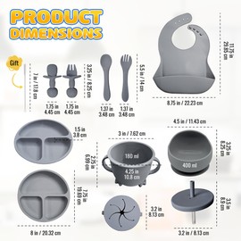 HippoBaby Baby Led Weaning Supplies | 10 Piece Silicone Feeding Set | Baby Toddler Bib Cup Divided Plate and Bowl Self Feeding Spoons Dish Set | Baby Utensils | Toddler Feeding Supplies (Gray)