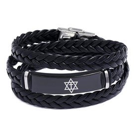 KBNSUIAN Men's Jewish Christian Symbol Jewelry - Black Wrap Leather Messianic Star of David with Cross Bracelet Bangle Man Religious Jewelry, Black