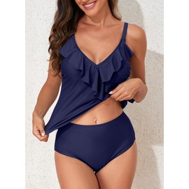 Aleumdr Womens Swimsuits 2024 Tankini Bathing Suits for Women Two Piece Ruffled Tankini Tops with High Waisted Shorts Swimwear Blue Medium