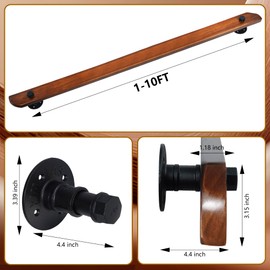 Wood Handrails, Indoor Non-Slip Staircase Handrail,Retro Rustic Wall Mount Railings Handrails, Home Loft Corridor Support Rod,Industrial Pipe Support, Easy to Install (Dark Wood, 7FT)