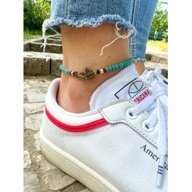 Made by Nami Boho Surfer Anklet Women - Ankle Bracelet for Her - Hippie Style - Handmade Beach Jewellery & Festival Accessories - Waterproof & Adjustable - Waxed Cotton Rope with Beads - U (Blue)